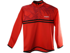Red long-sleeved sports top with black stripes and a subtle pattern, featuring a half-zip collar.