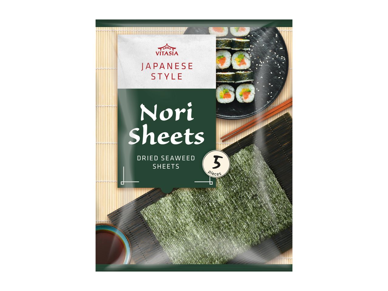 Japanese style dried seaweed sheets for sushi, with 5 pieces shown.