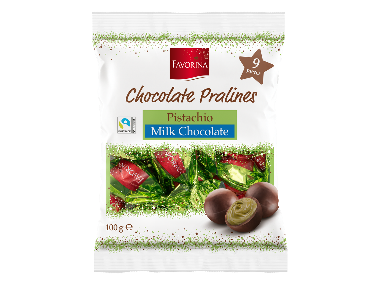 Favorina šokolādes konfektes ar pistāciju piena šokolādi, 9 gabali, 100g