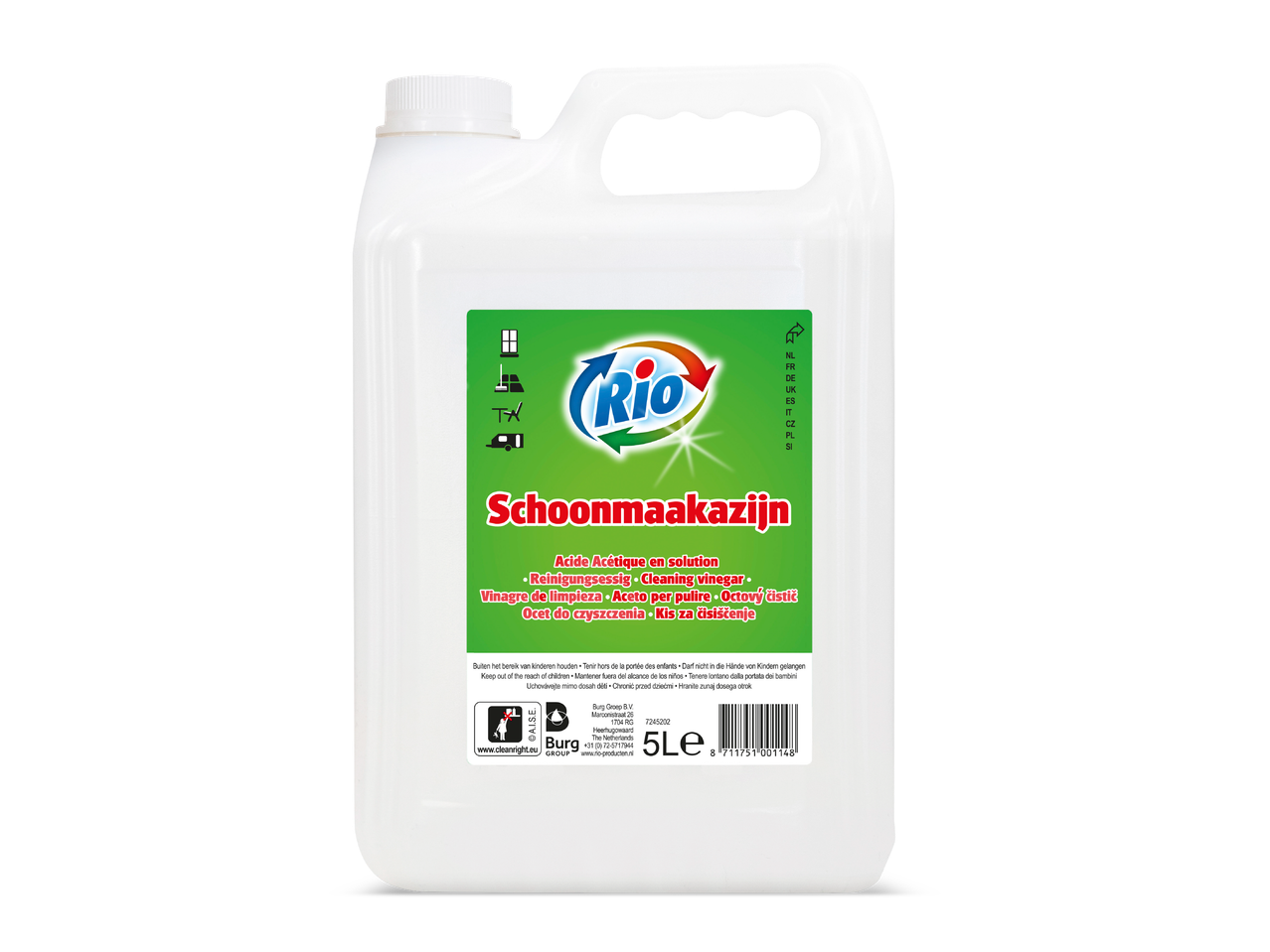 Een witte jerrycan met 5 liter schoonmaakazijn, met een groen etiket met meertalige tekst.
