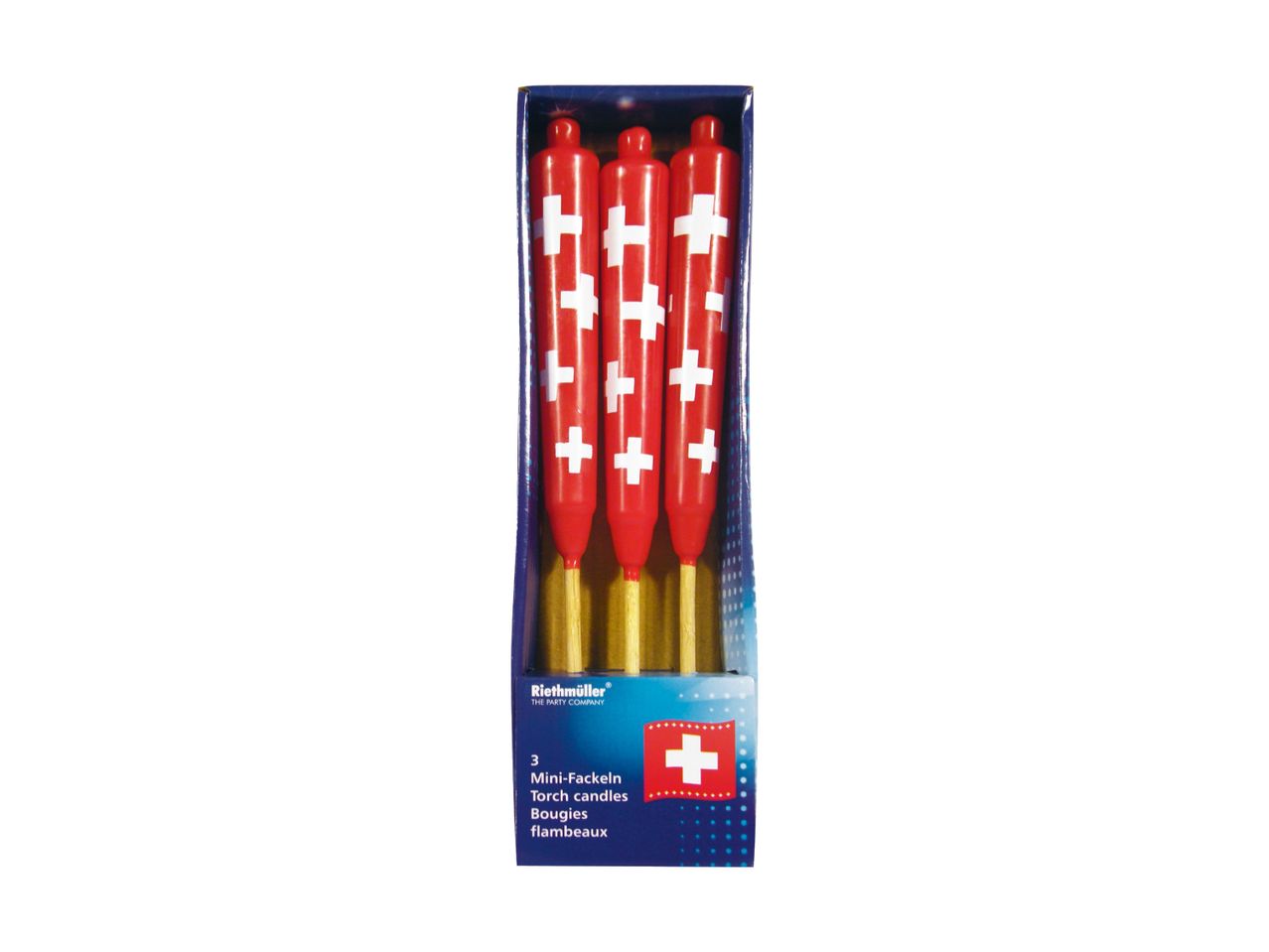 Drei rote Kerzen mit Schweizerkreuz-Motiv.