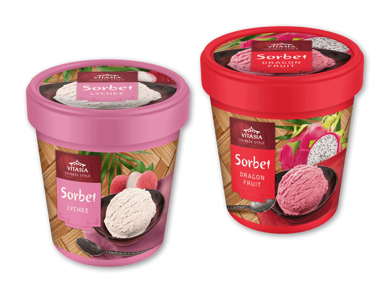 To beholdere med sorbet i kinesisk stil: en lyserød med litchi og en rød med dragefrugt.