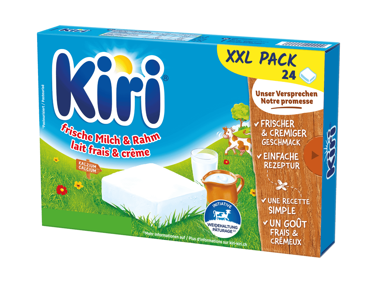 Kiri XXL Packung mit 24 Frischkäseportionen, hergestellt aus frischer Milch und Rahm.