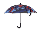 Ein blauer Spider-Man-Regenschirm mit Spinnennetz-Design und Spider-Man-Logo.