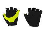 Pair of black and neon yellow fingerless cycling gloves, front and back view.