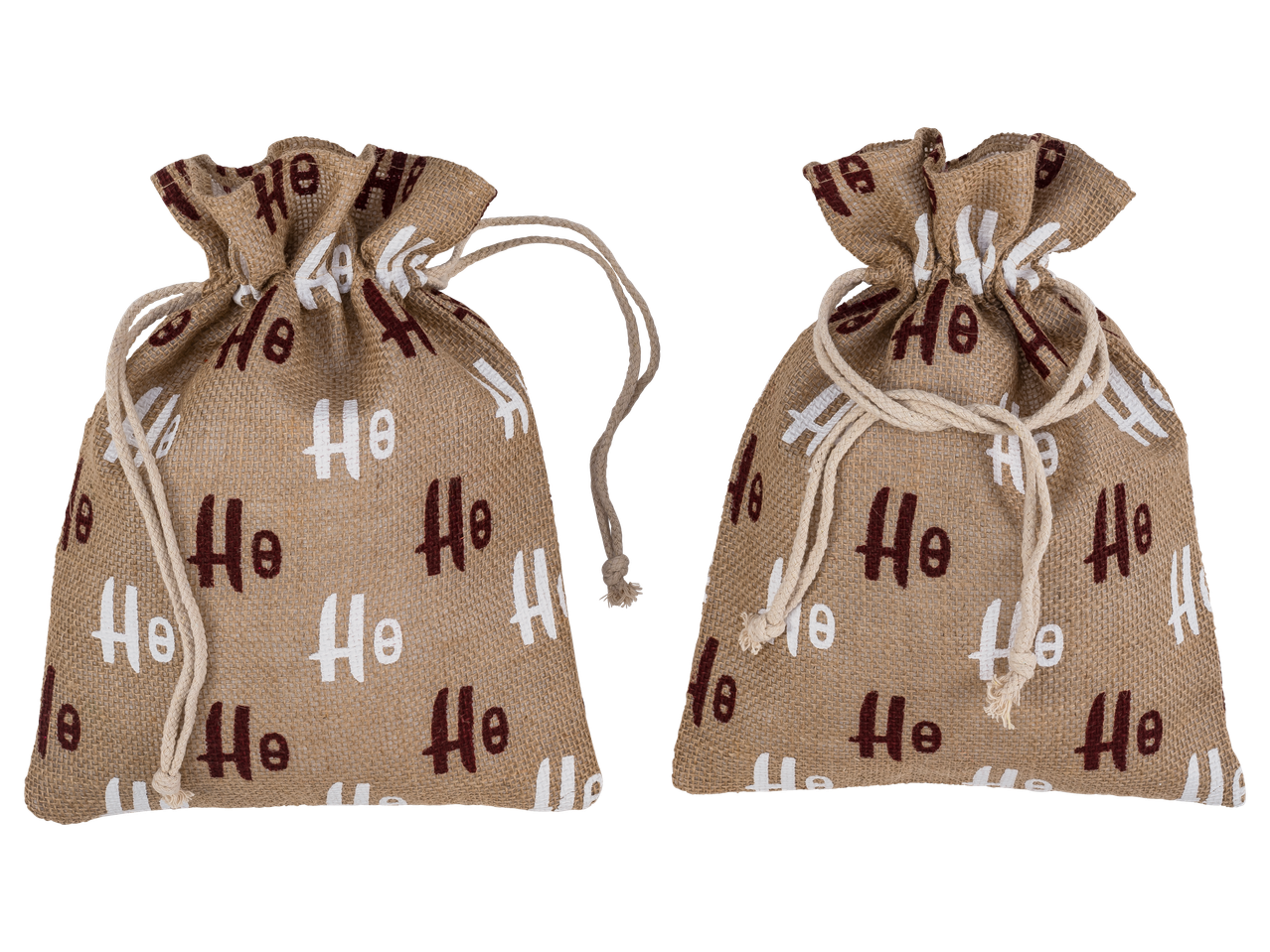 Du džiuto dovanų maišeliai su „Ho Ho“ spauda.