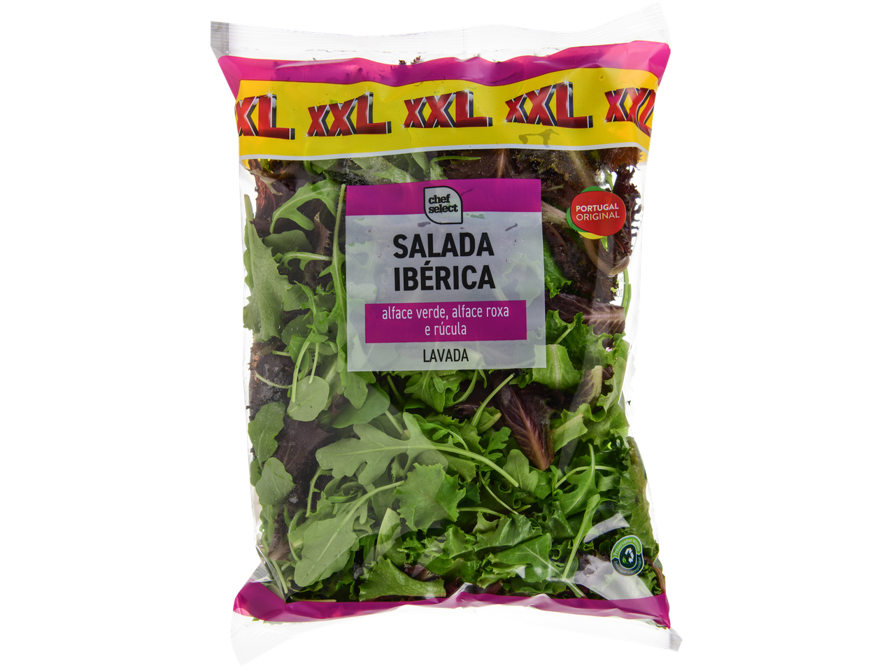 Chef Select Salada Ibérica XXL, uma mistura de alface verde, alface roxa e rúcula.