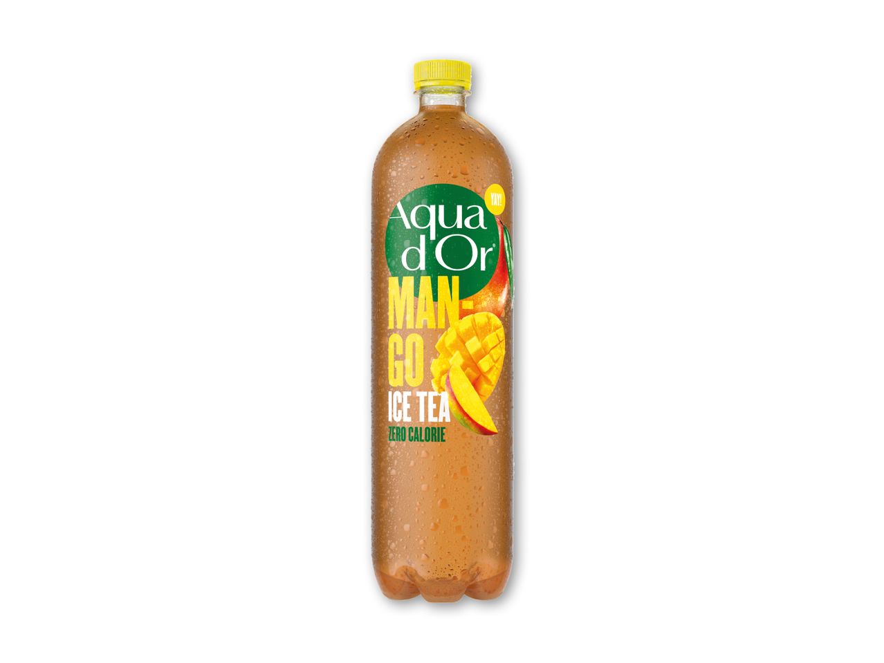 En flaske iste med mangosmag og teksten 'MANGO ICE TEA ZERO CALORIE' på etiketten.