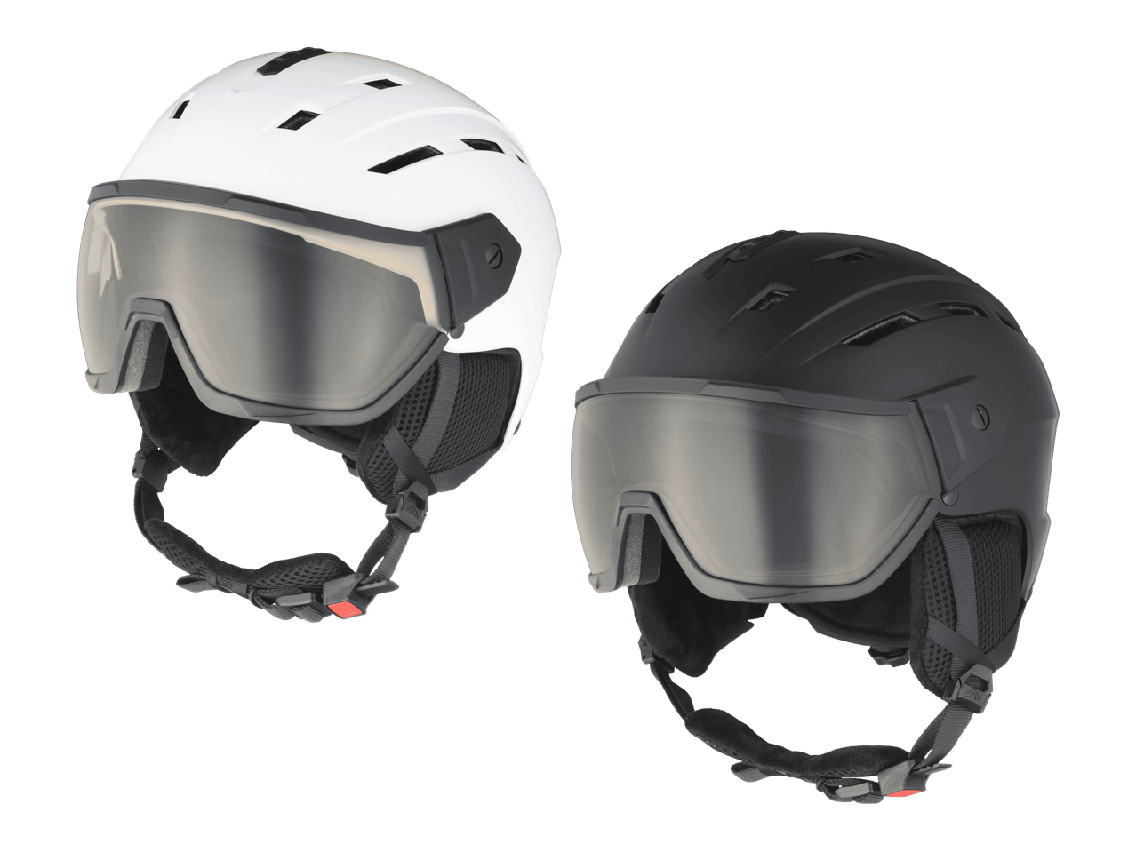 Kaksi laskettelukypärää visiirillä, toinen valkoinen ja toinen musta.