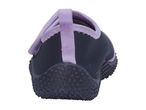 Rear view of a dark blue and purple water shoe with a textured sole.