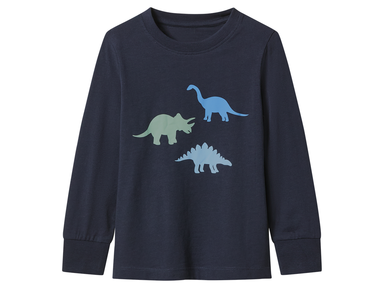 Sötétkék, hosszú ujjú kisfiú póló három színes dinoszaurusz mintával.