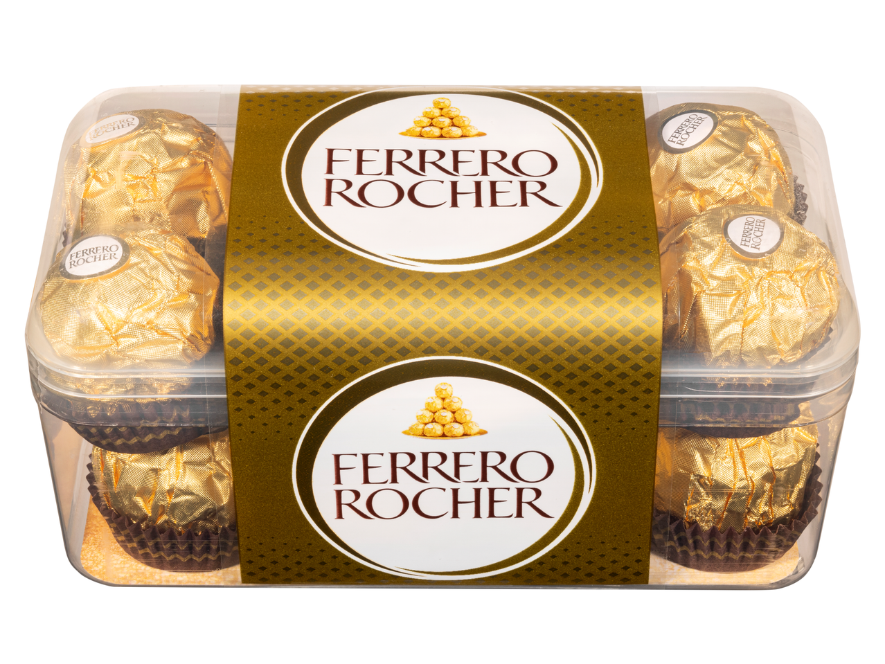 Átlátszó műanyag doboz Ferrero Rocher csokoládékkal, arany fóliába csomagolva.