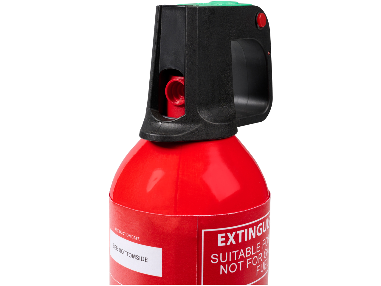 Red fire extinguisher with a black handle and green button, showing a label with text.