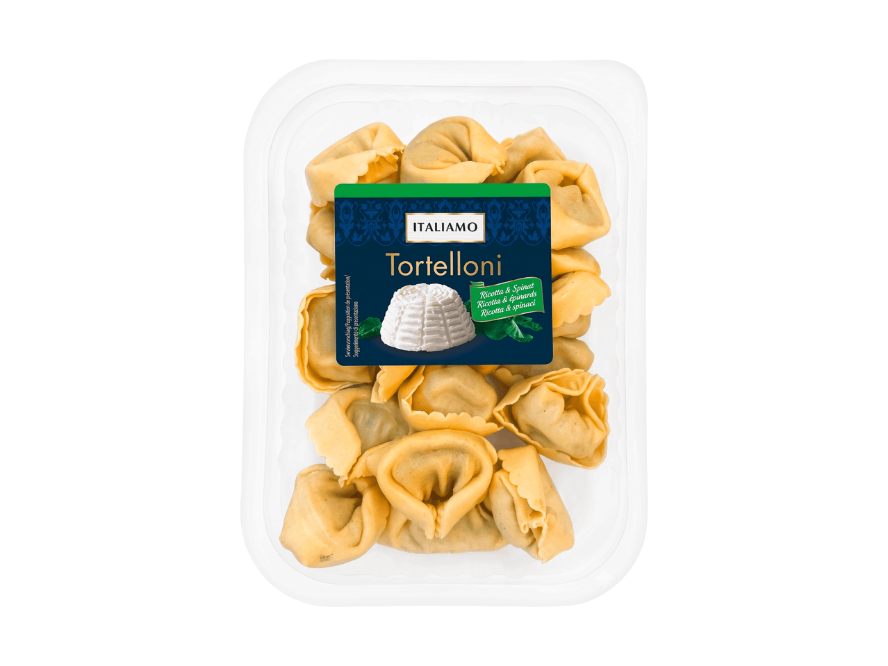 Tortelloni frais à la ricotta et aux épinards dans un emballage transparent.