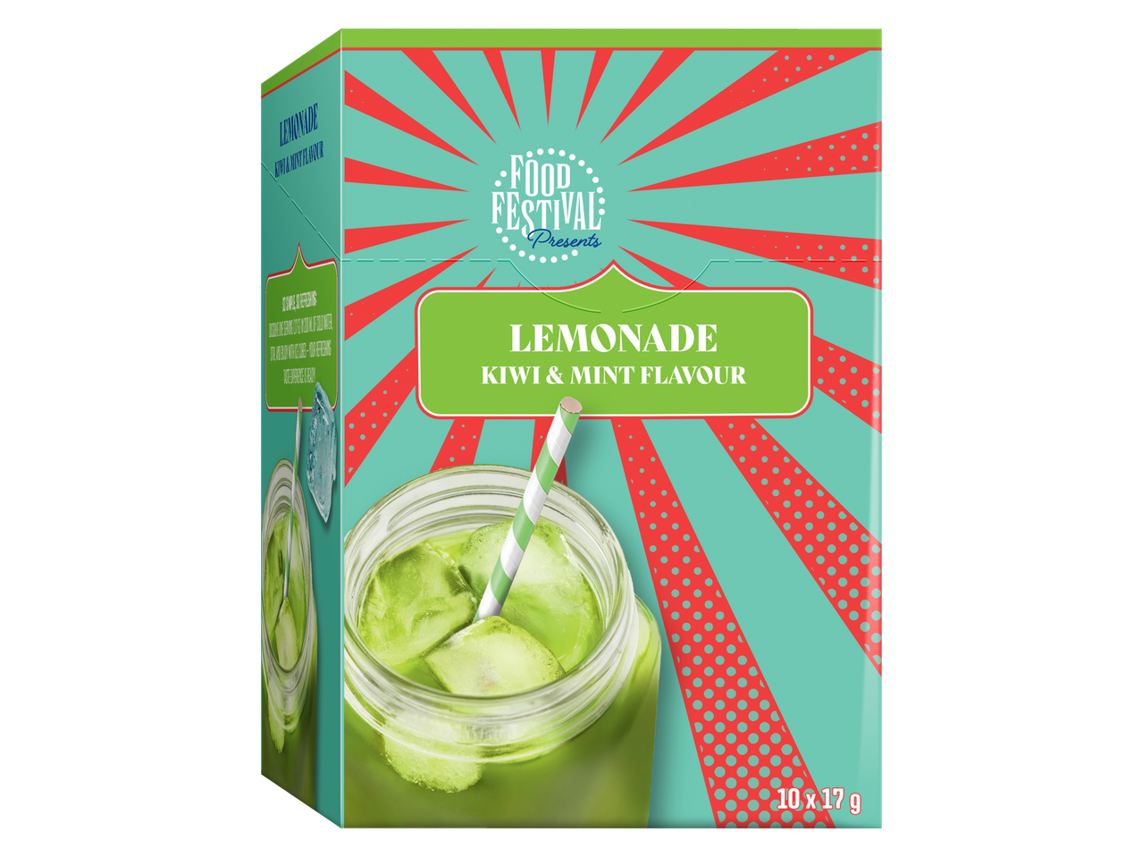 Doos kiwi-muntlimonade met een glas van de verfrissende drank.
