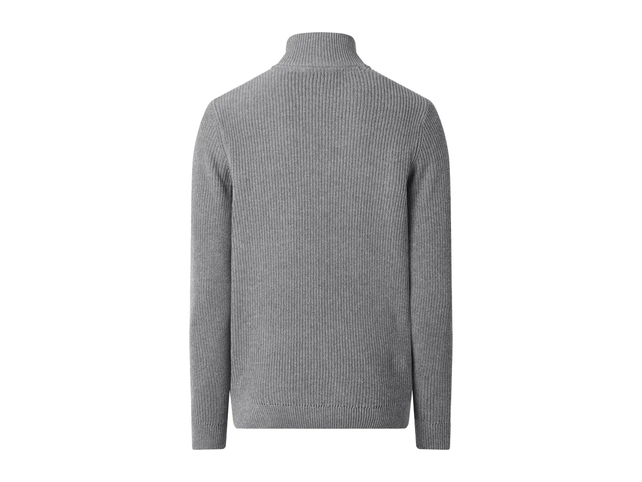 Men's grey knit cardigan, back view