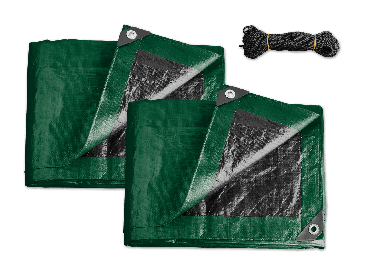 Zwei grüne Planen mit Ösen und ein Bündel schwarzes Seil.