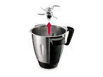 A blender jug with a red arrow indicating the insertion of a blade attachment.
