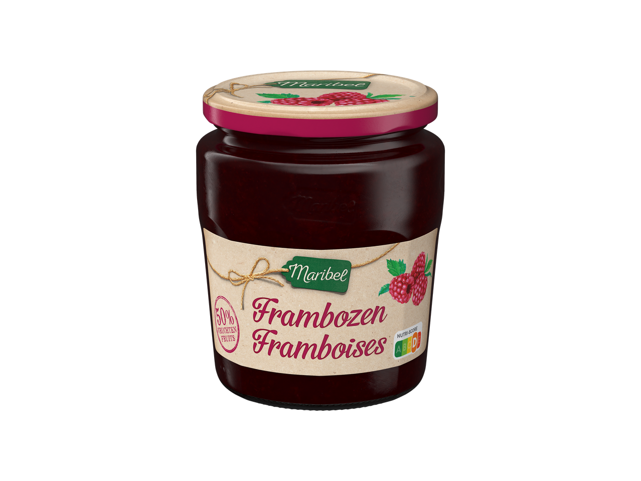 Confiture de framboises Maribel dans un pot en verre avec une étiquette rustique.