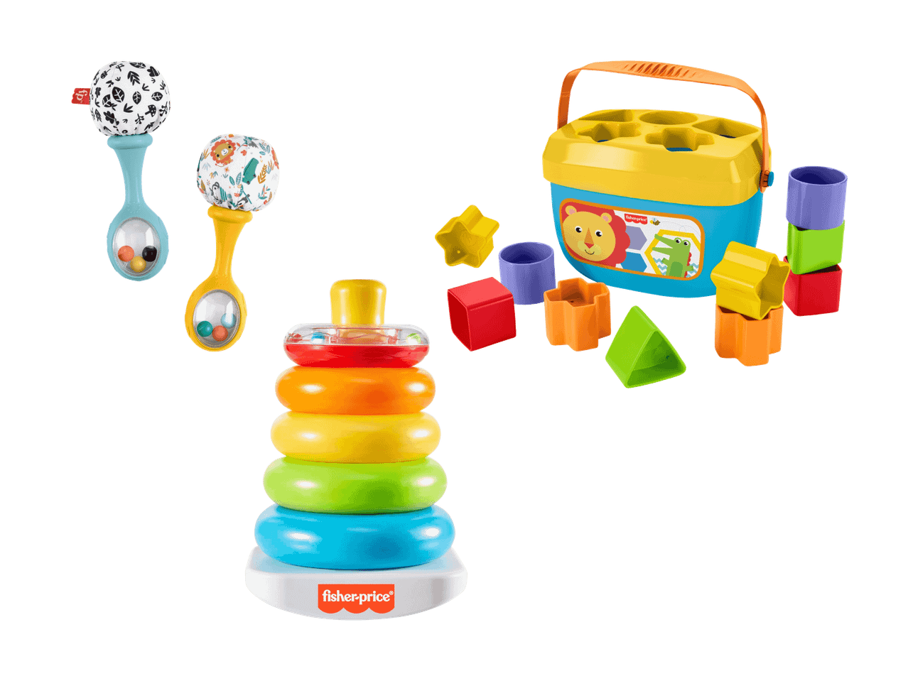 Jouets colorés pour bébé, dont un anneau à empiler, une boîte à formes et deux hochets.