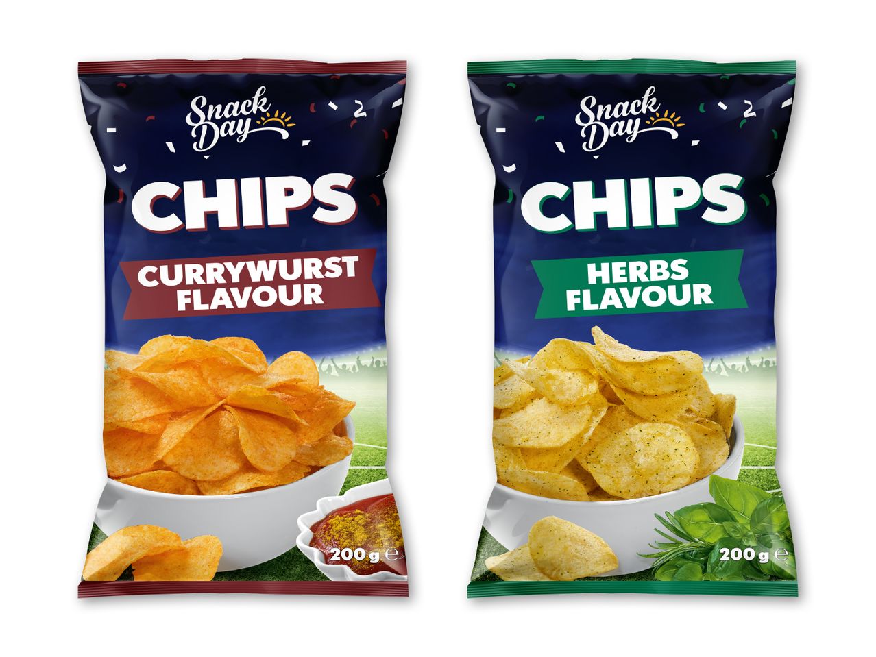 To poser chips: en med karrypølsesmag og en med urtesmag, begge med 200g.