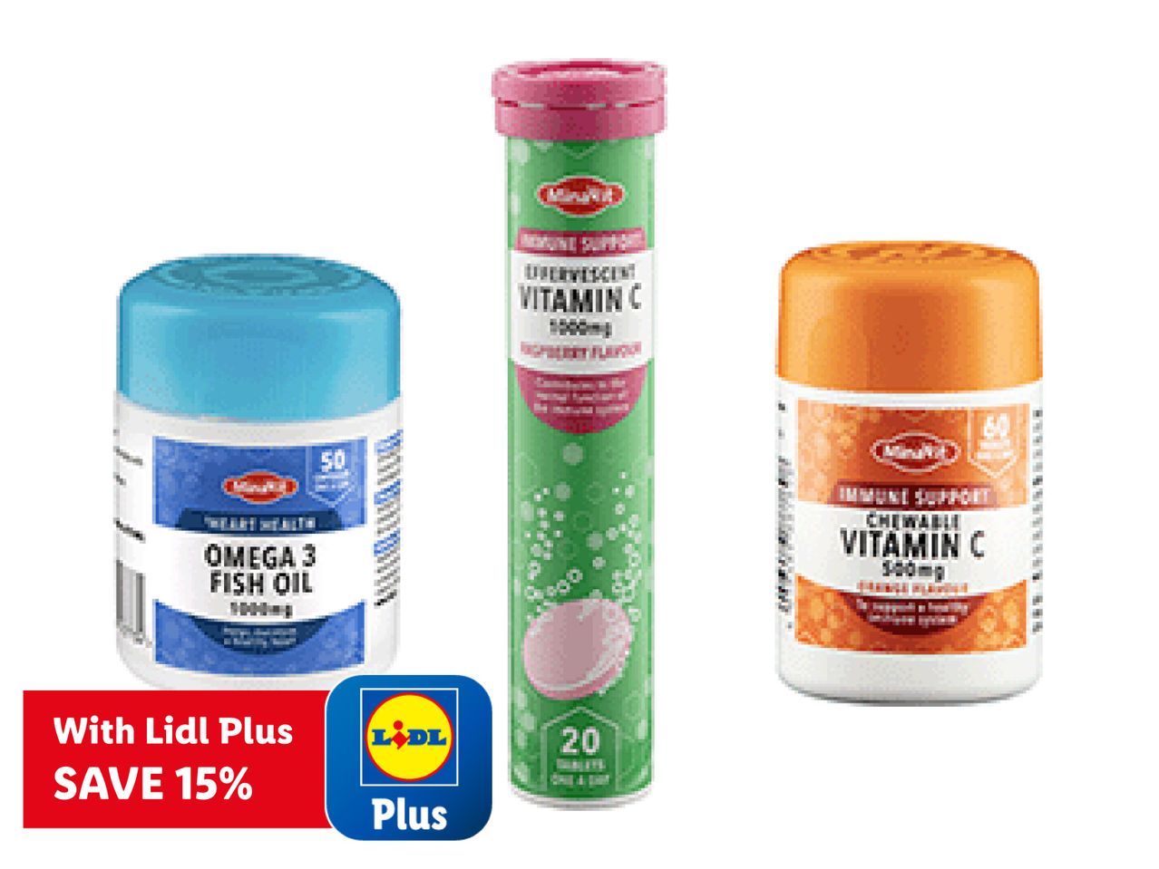 Lidl Plus offer: 15% off Omega 3 Fish Oil, Effervescent Vitamin C, and Chewable Vitamin C.