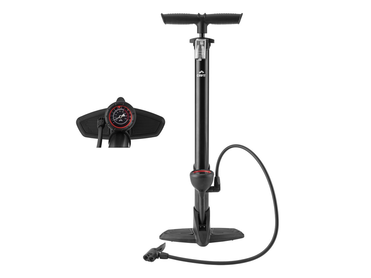 Schwarze Standluftpumpe mit Manometer und Schlauch, daneben eine Nahaufnahme des Manometers.