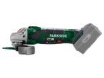 Attēlota Parkside X20V Team bezvadu leņķa slīpmašīna.