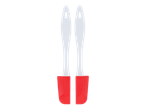 Two red and white silicone spatulas with hanging holes