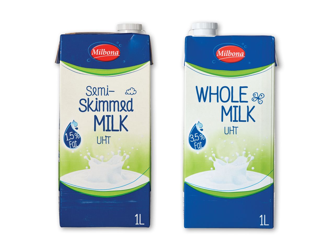 To Milbona mælkekartoner, en semi-skummet og en sødmælk.