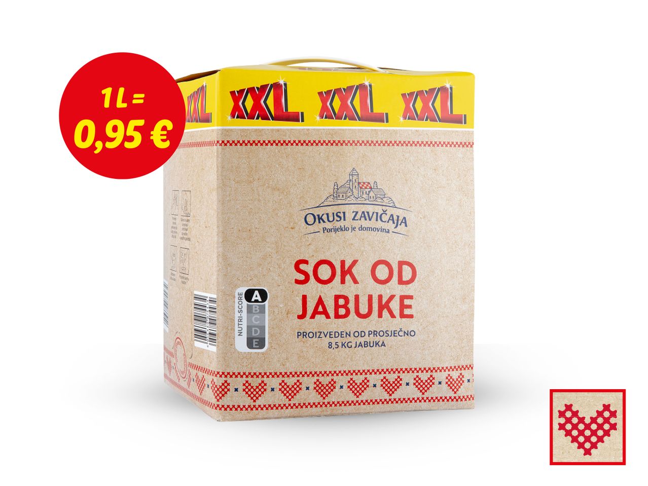 Velika kartonska kutija soka od jabuka 'Okusi Zavičaja', cijena 0,95€ po litri.