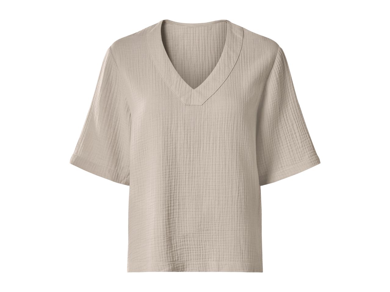 Light beige women's short-sleeved top with a V-neckline and textured fabric.