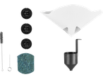 Coffee filter papers, three black coffee machine parts, a cleaning brush, a metal tool, a filter, and a coffee funnel.