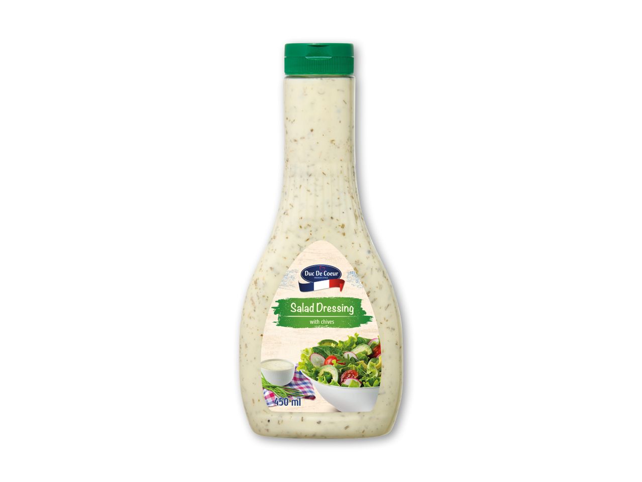 Salatdressing med purløg i en flaske, med et billede af en salatskål og en lille skål dressing.