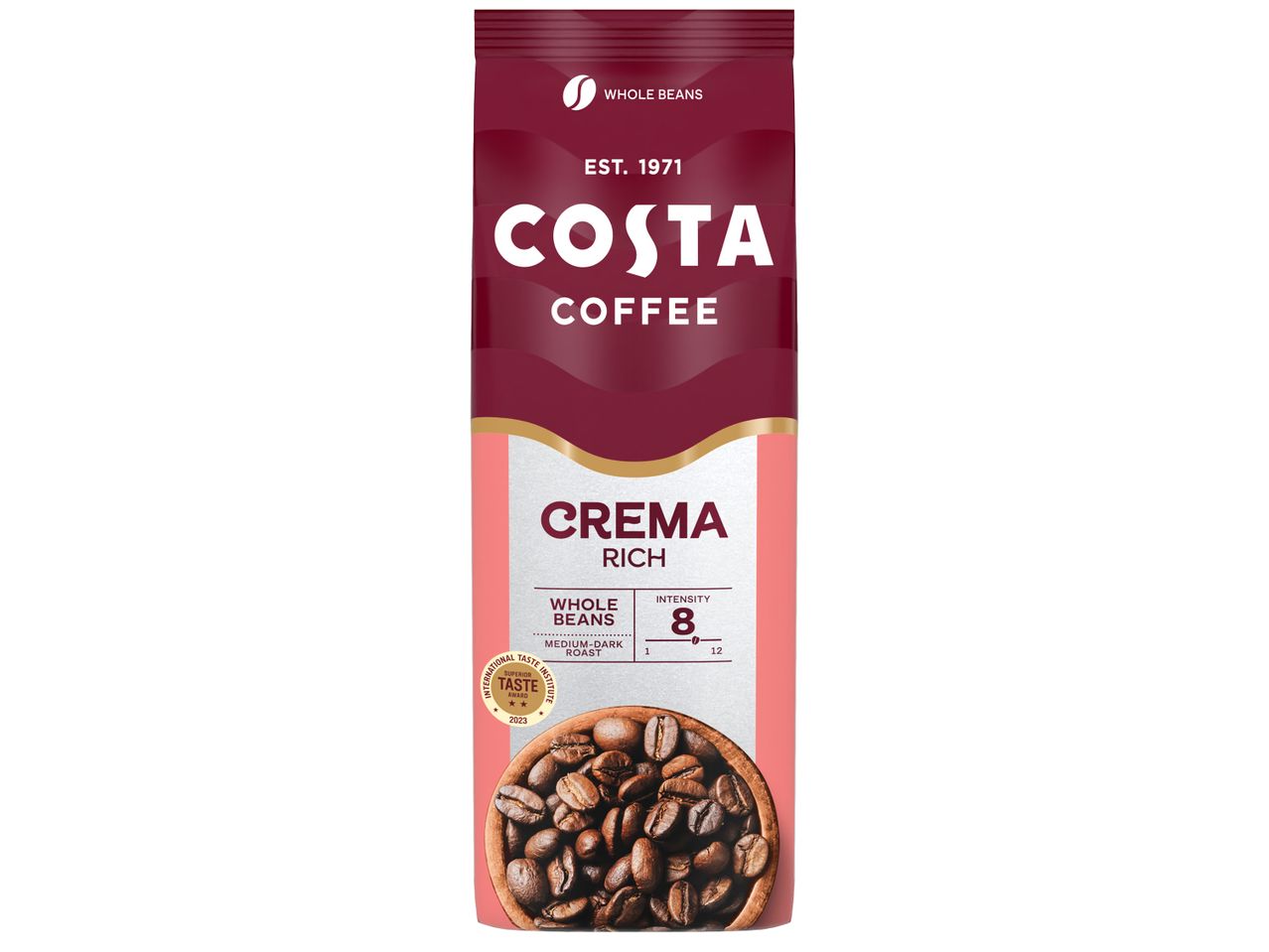 Опаковка кафе на зърна Costa Coffee Crema Rich с награда за вкус.