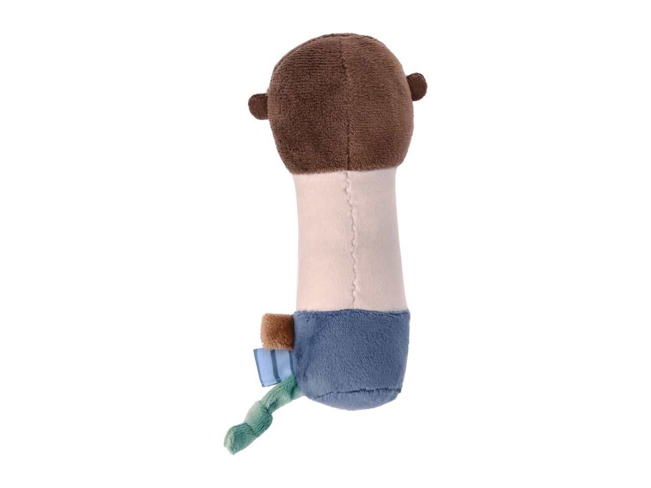 Plush toy with brown head, light body, and blue base with a green tail