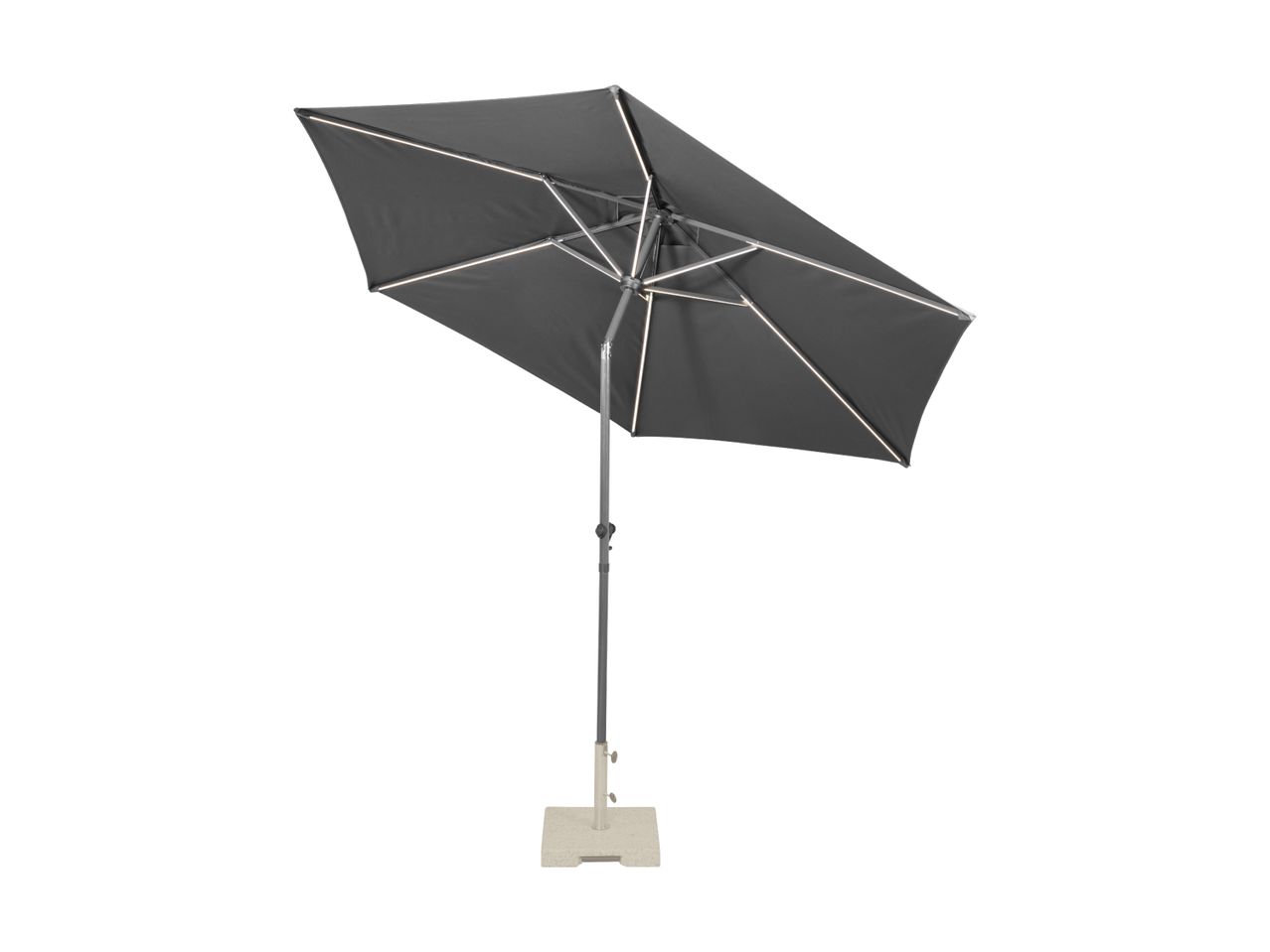 Dark grey rectangular patio umbrella with LED lights and a square base.