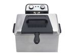Stainless steel deep fryer with black lid and control panel