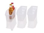 Three clear plastic refrigerator organizers; one holds a bottle of cooking oil.
