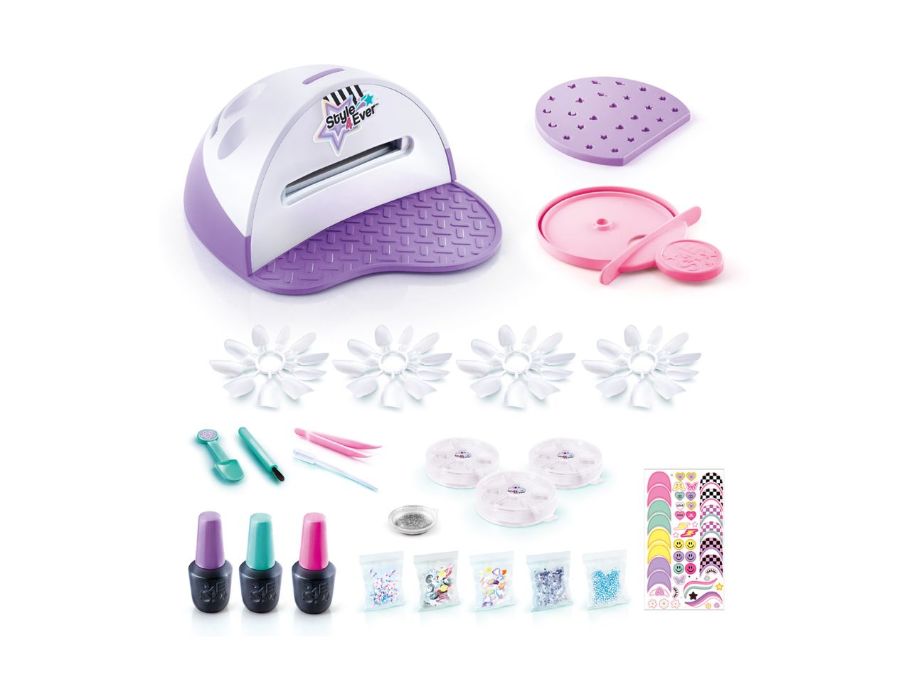 A Style 4 Ever nail art studio with various accessories like polishes, glitter, and stickers.