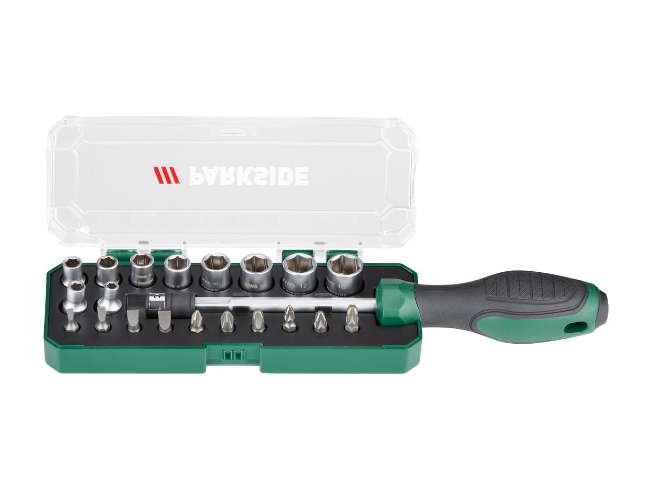 Screwdriver set with various bits and sockets in a green and clear case.