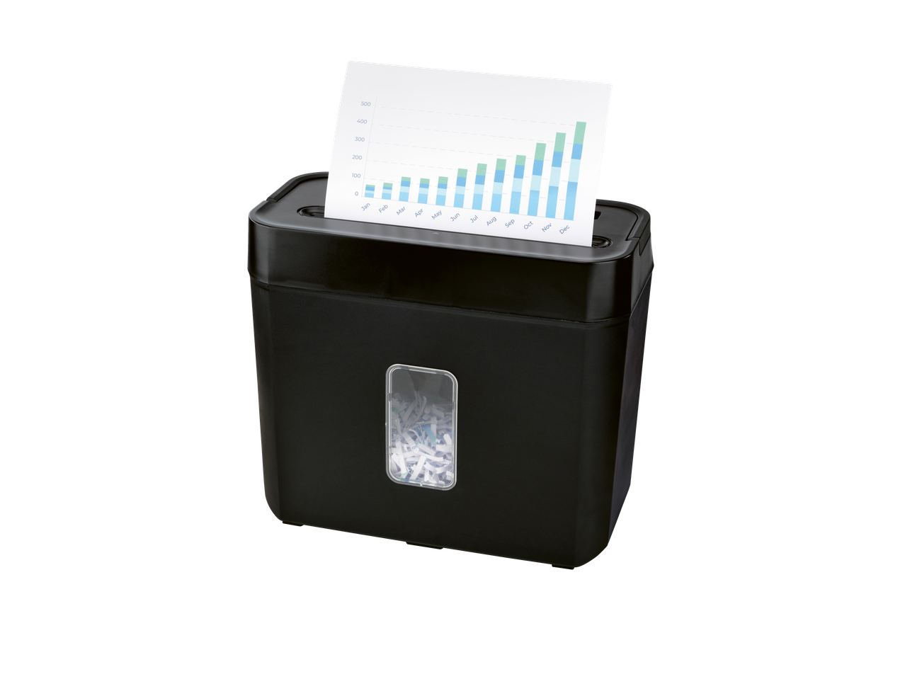 Tronic® paberipurustaja andmete kasvu näitava graafikuga, purustatud paber aknas nähtav.