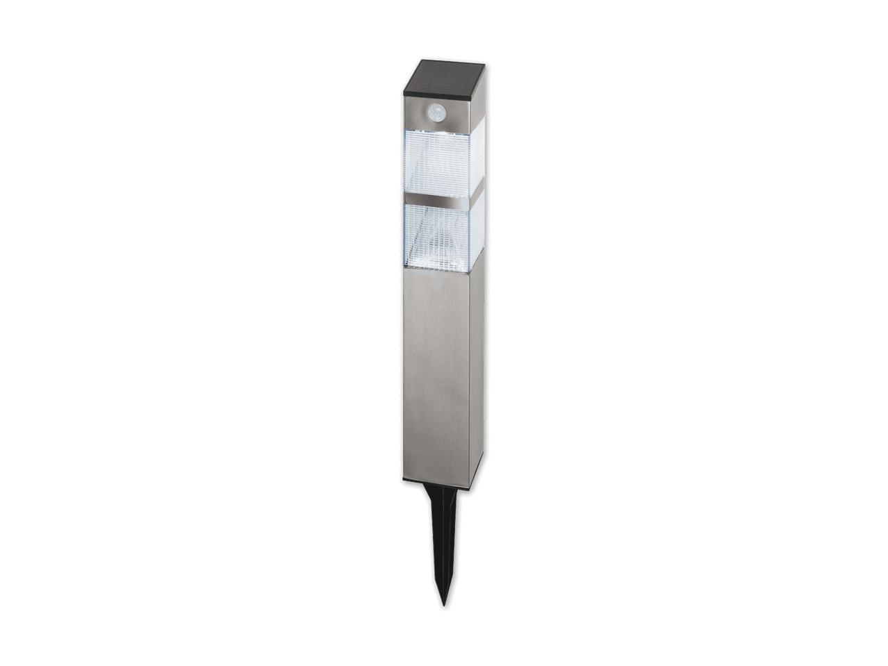 Moderne, silberne LED-Außenleuchte mit Erdspieß.
