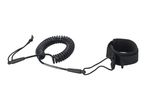 Black coiled paddleboard leash with an ankle cuff and a cord loop for attachment.