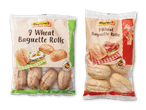 To pakker med 9 hvedebaguetteruller, den ene med fuldkorn og den anden med lyse ruller.