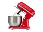 Red retro-style stand mixer with a stainless steel bowl and whisk attachment