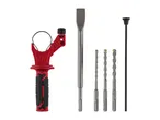 Drill and chisel set with a red auxiliary handle and depth gauge.