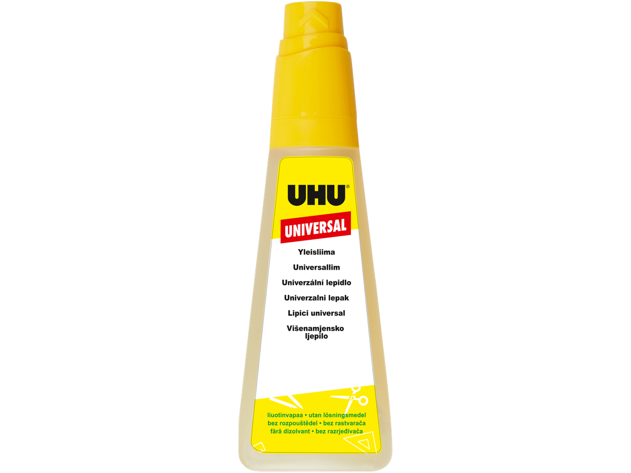 UHU Universal lepak u bočici sa žutim čepom, sa tekstom na više jezika.