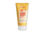 Gul solcreme til børn med SPF 50, parfumefri og let absorberbar.