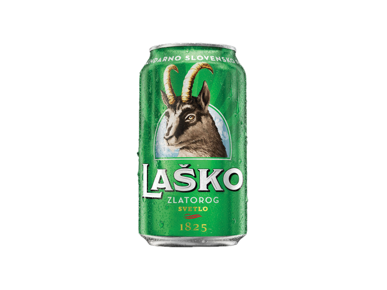 Zelena limenka piva sa slikom koze i natpisom 'Zlatorog Svetlo 1825'.